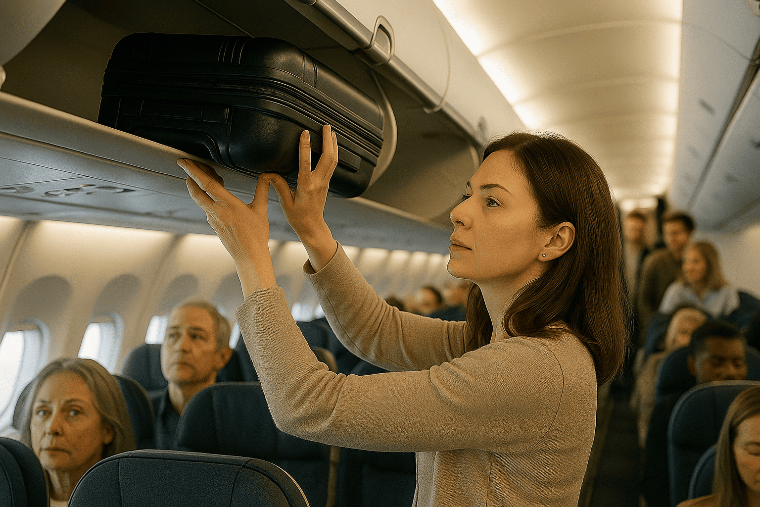 Femme qui range sa valise cabine en avion